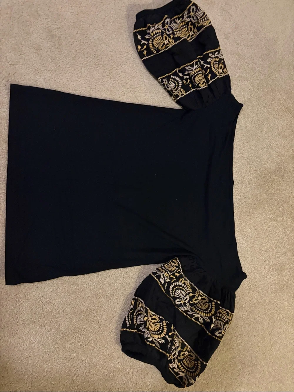 Free People Black Top with Gold/Green Embroidered Puff Sleeves